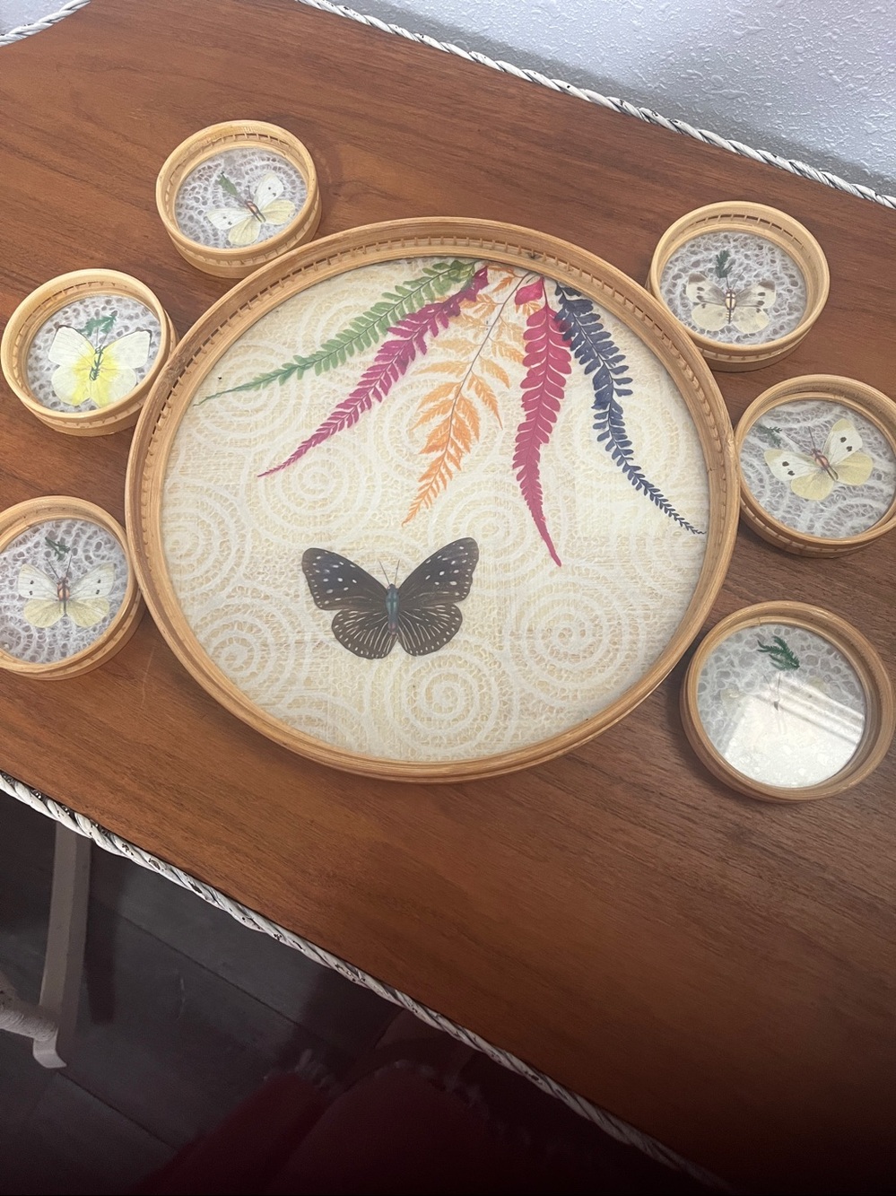 1950’s Bamboo Butterfly Tray Coasters Set of 6 - Yellow Motif